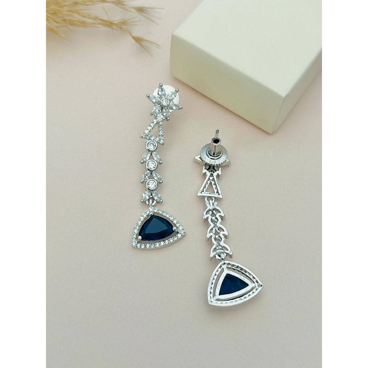 Abdesigns Blue Silver Plated American Diamond Jewellery Set