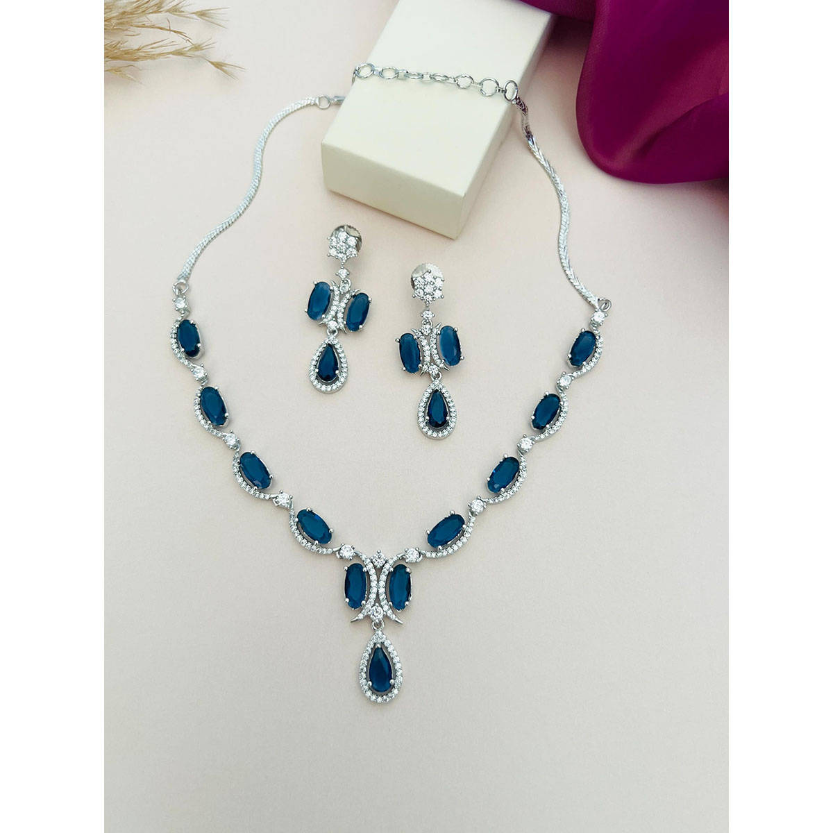 Abdesigns Blue Silver Plated American Diamond Jewellery Set