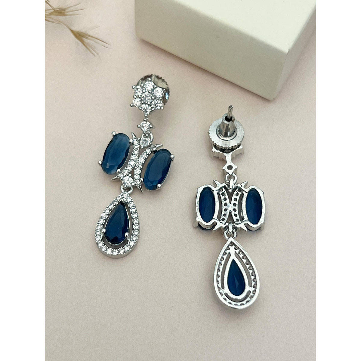 Abdesigns Blue Silver Plated American Diamond Jewellery Set