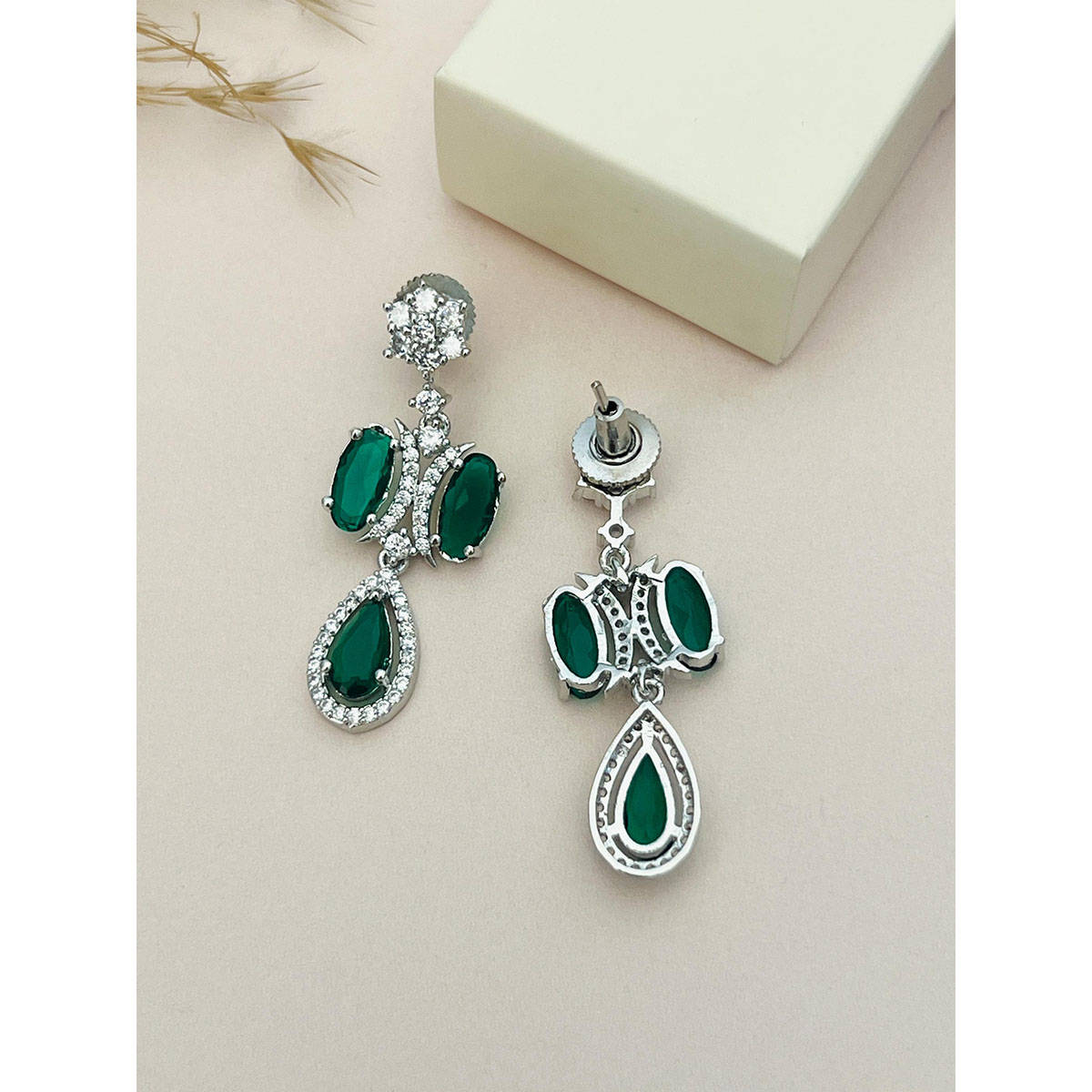 Abdesigns Green Silver Plated American Diamond Jewellery Set