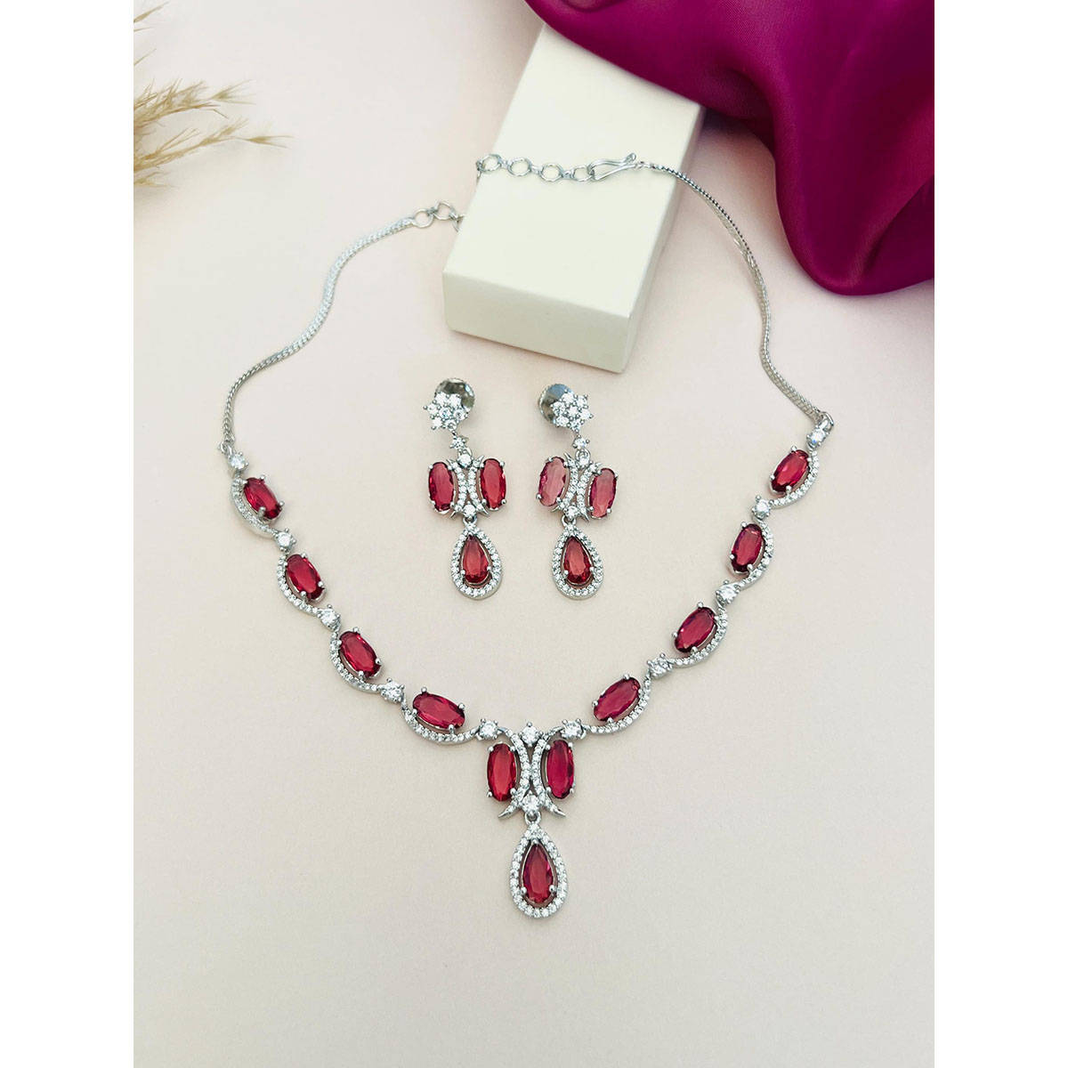 Abdesigns Red Silver Plated American Diamond Jewellery Set