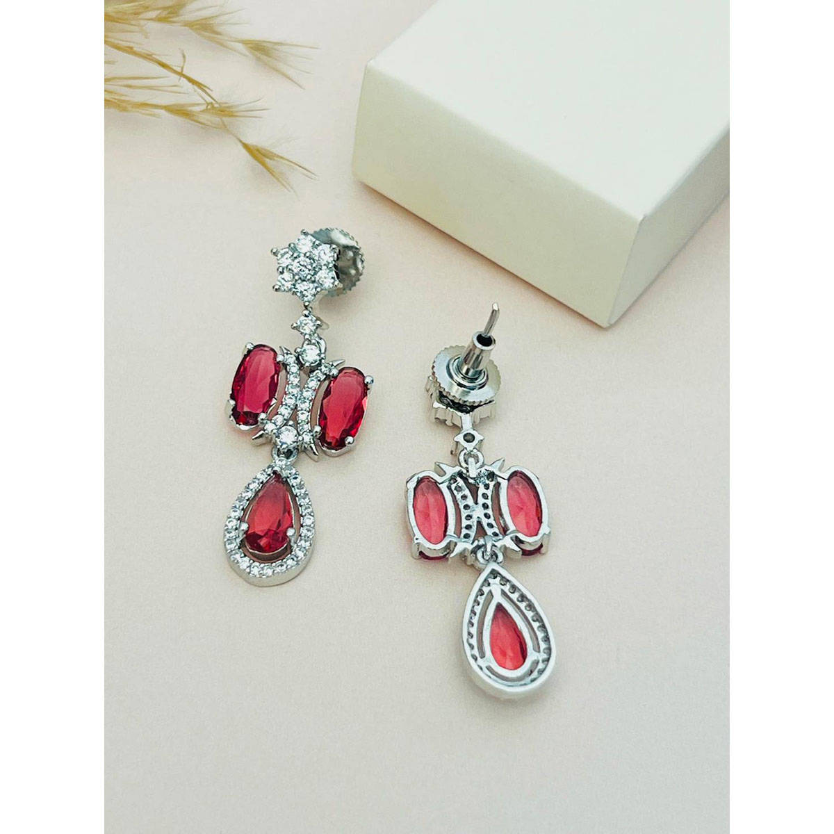 Abdesigns Red Silver Plated American Diamond Jewellery Set