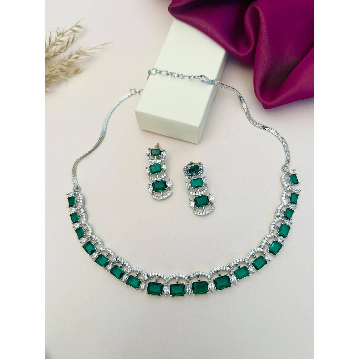Abdesigns Green Silver Plated American Diamond Jewellery Set