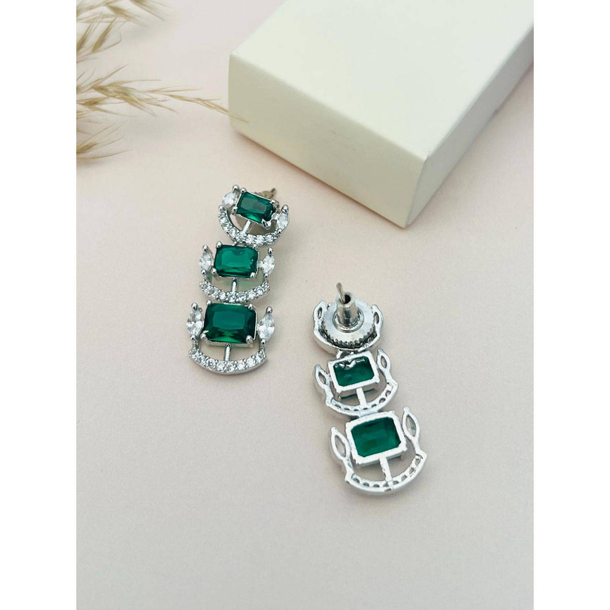 Abdesigns Green Silver Plated American Diamond Jewellery Set