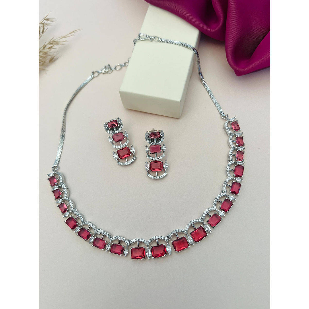 Abdesigns Red Silver Plated American Diamond Jewellery Set