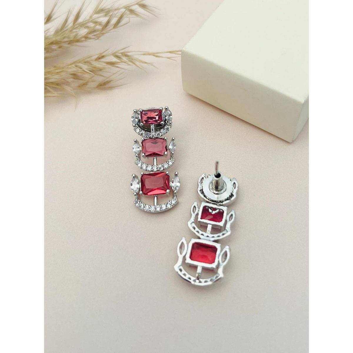 Abdesigns Red Silver Plated American Diamond Jewellery Set