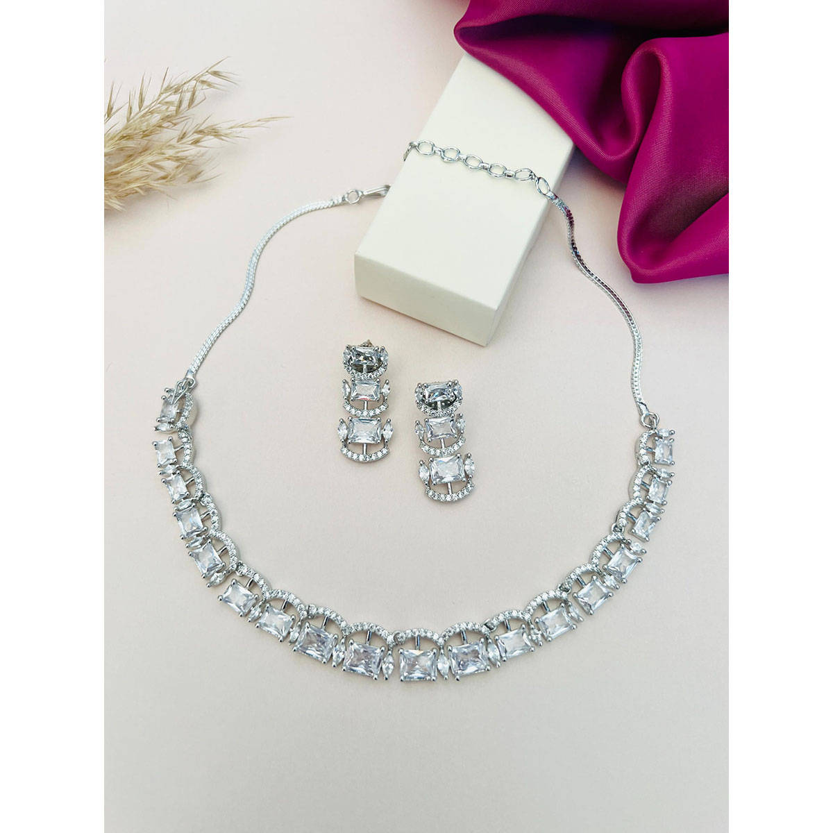 Abdesigns White Silver Plated American Diamond Jewellery Set