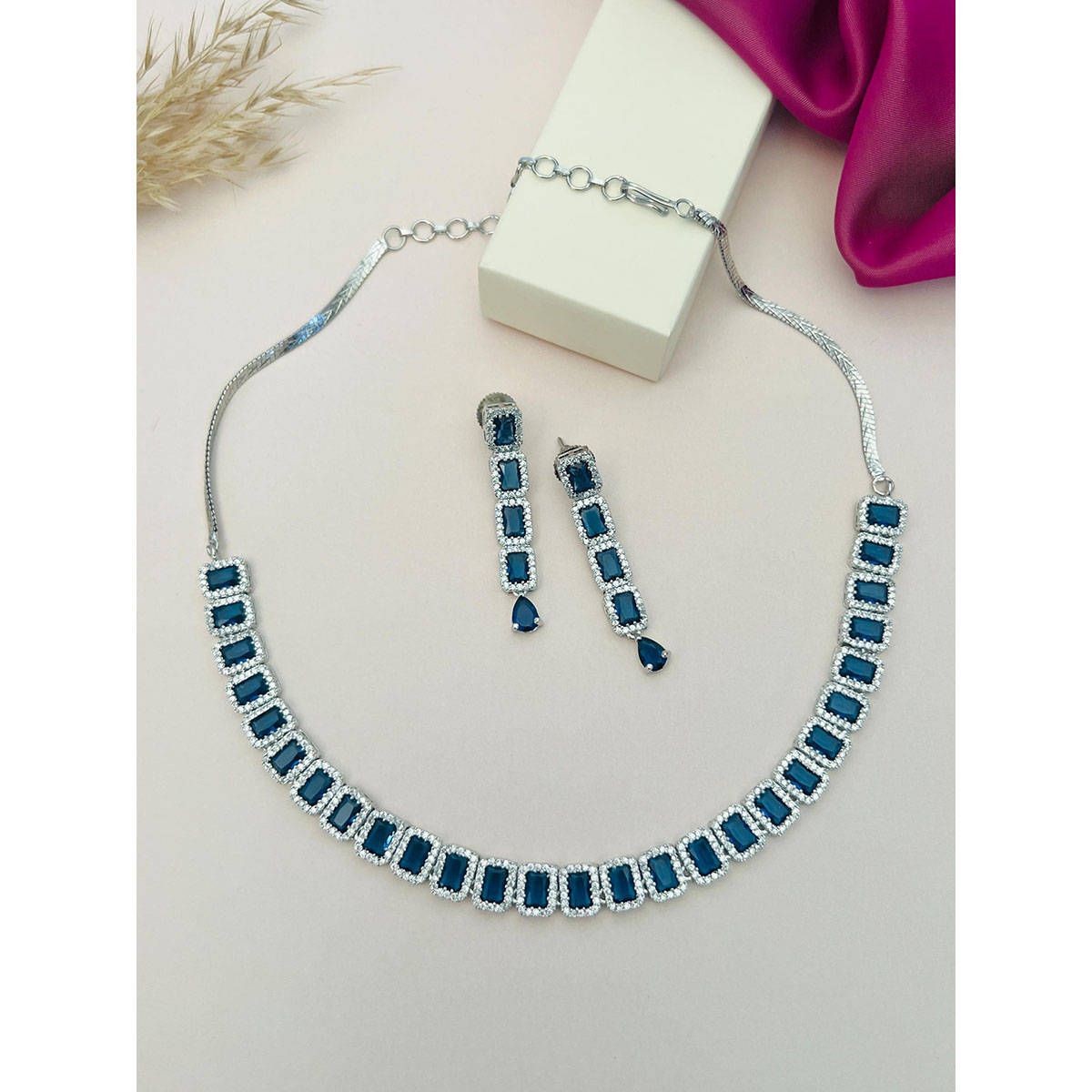 Abdesigns Blue Silver Plated American Diamond Jewellery Set