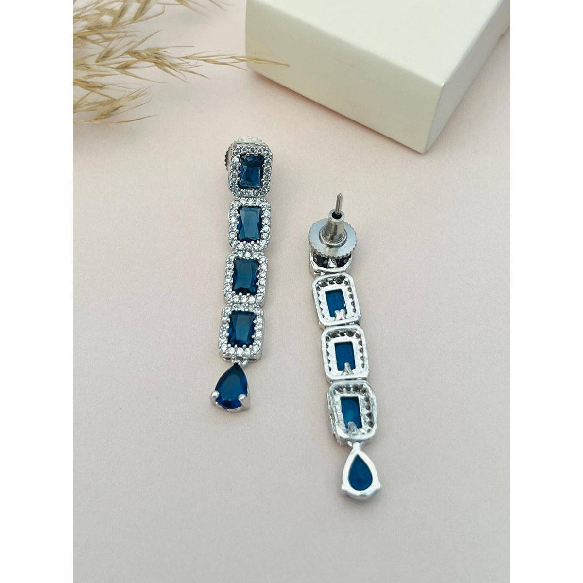 Abdesigns Blue Silver Plated American Diamond Jewellery Set