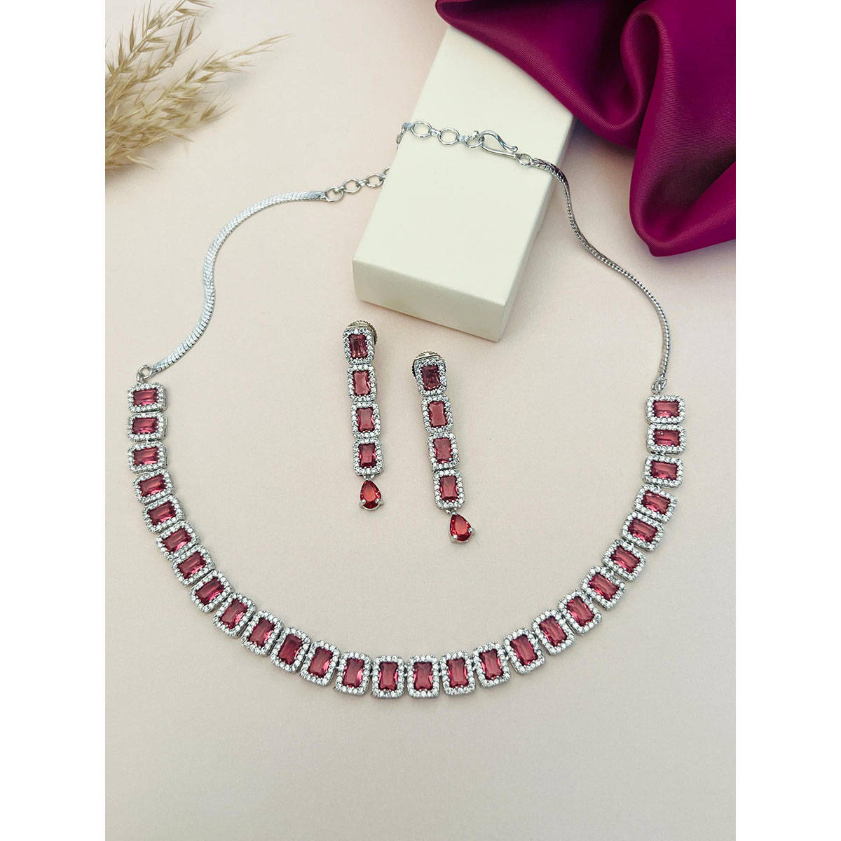 Abdesigns Red Silver Plated American Diamond Jewellery Set