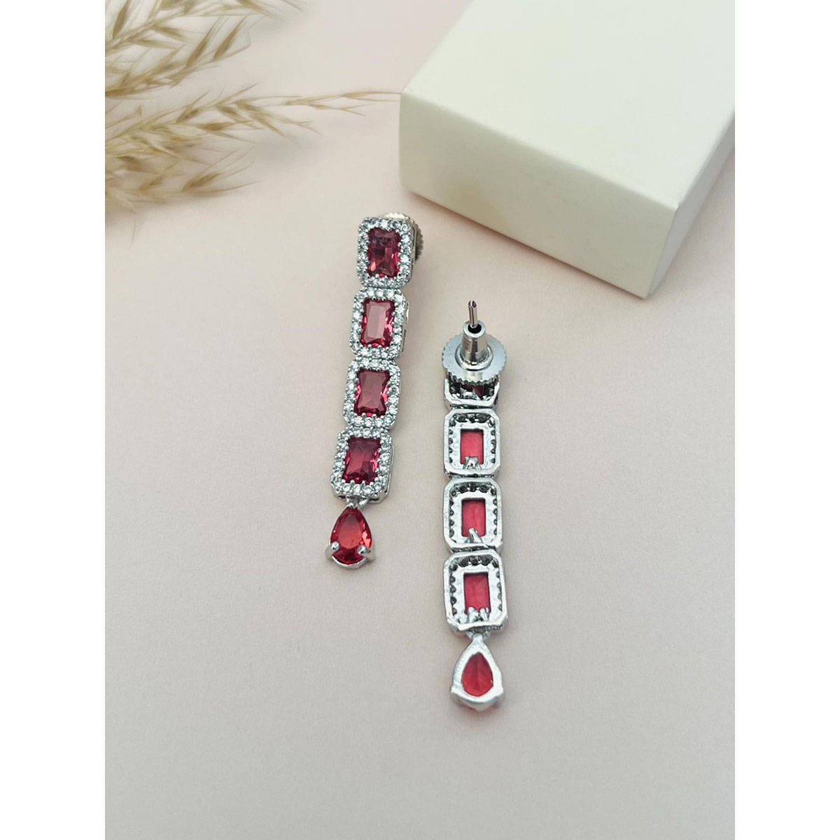 Abdesigns Red Silver Plated American Diamond Jewellery Set