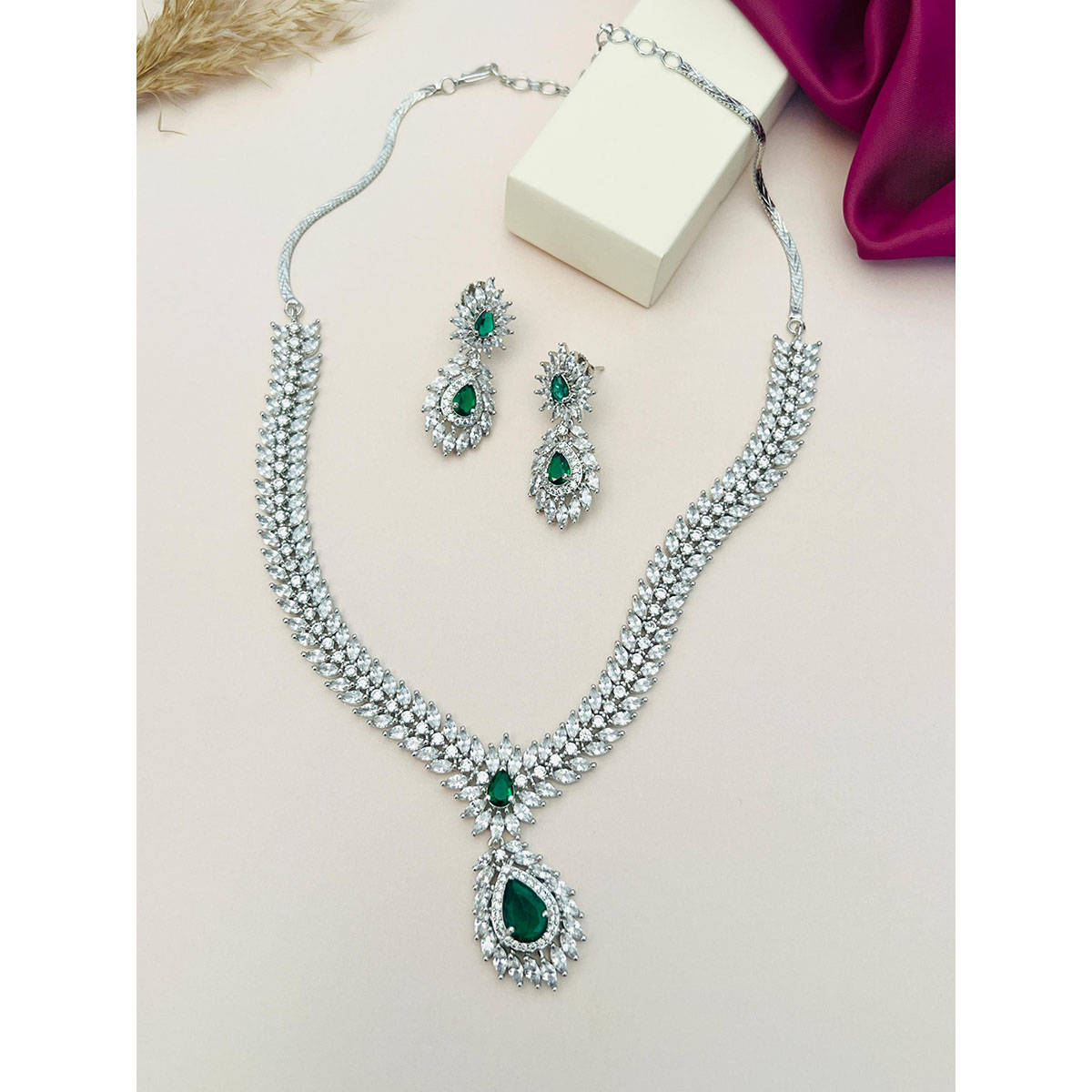 Abdesigns Green Silver Plated American Diamond Jewellery Set
