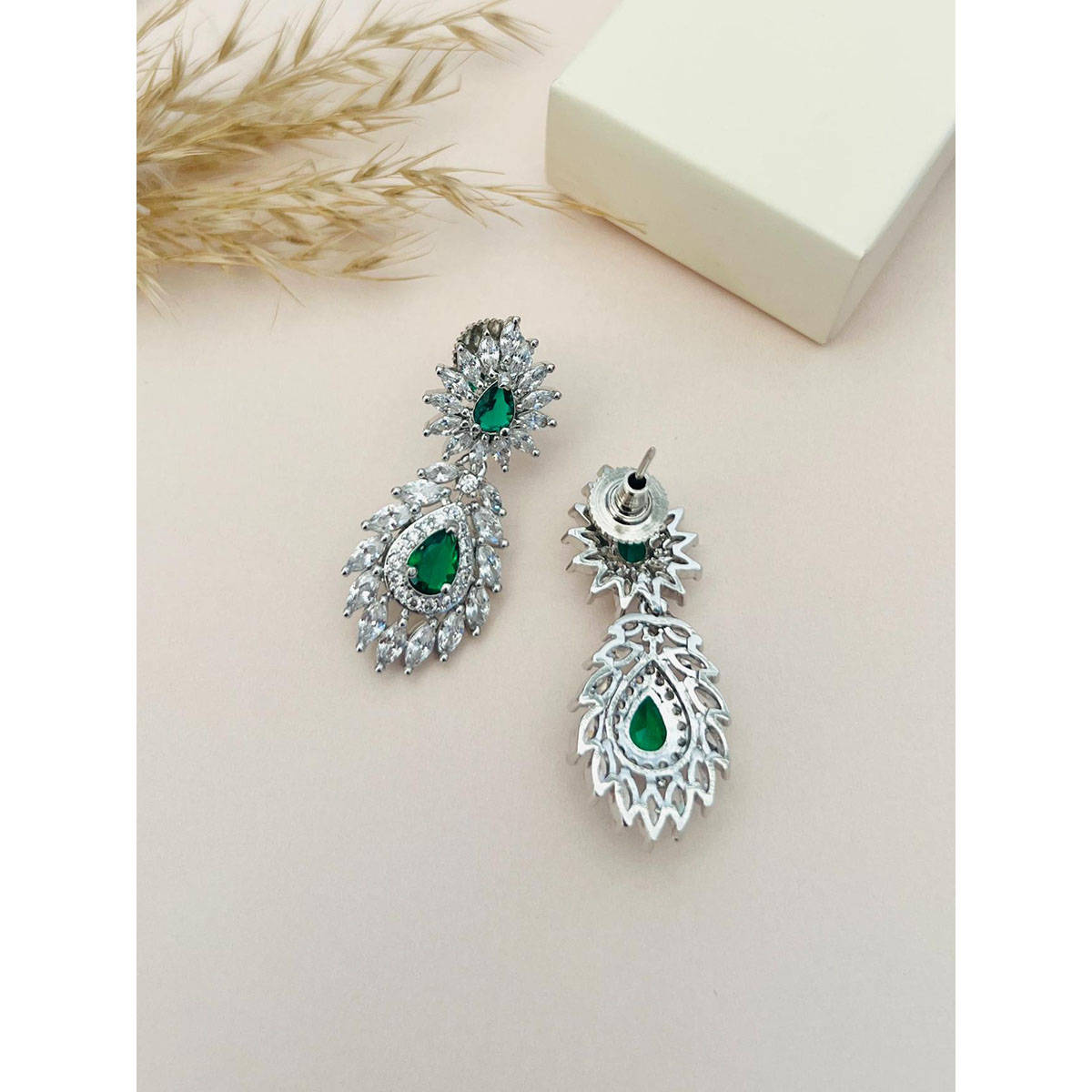 Abdesigns Green Silver Plated American Diamond Jewellery Set