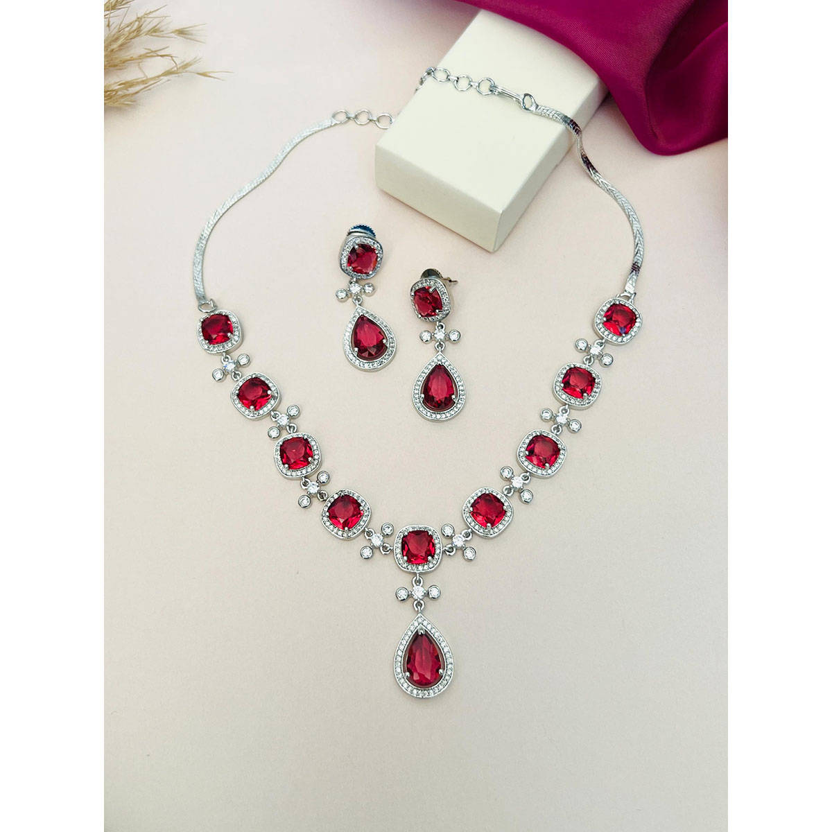 Abdesigns Red Silver Plated American Diamond Jewellery Set