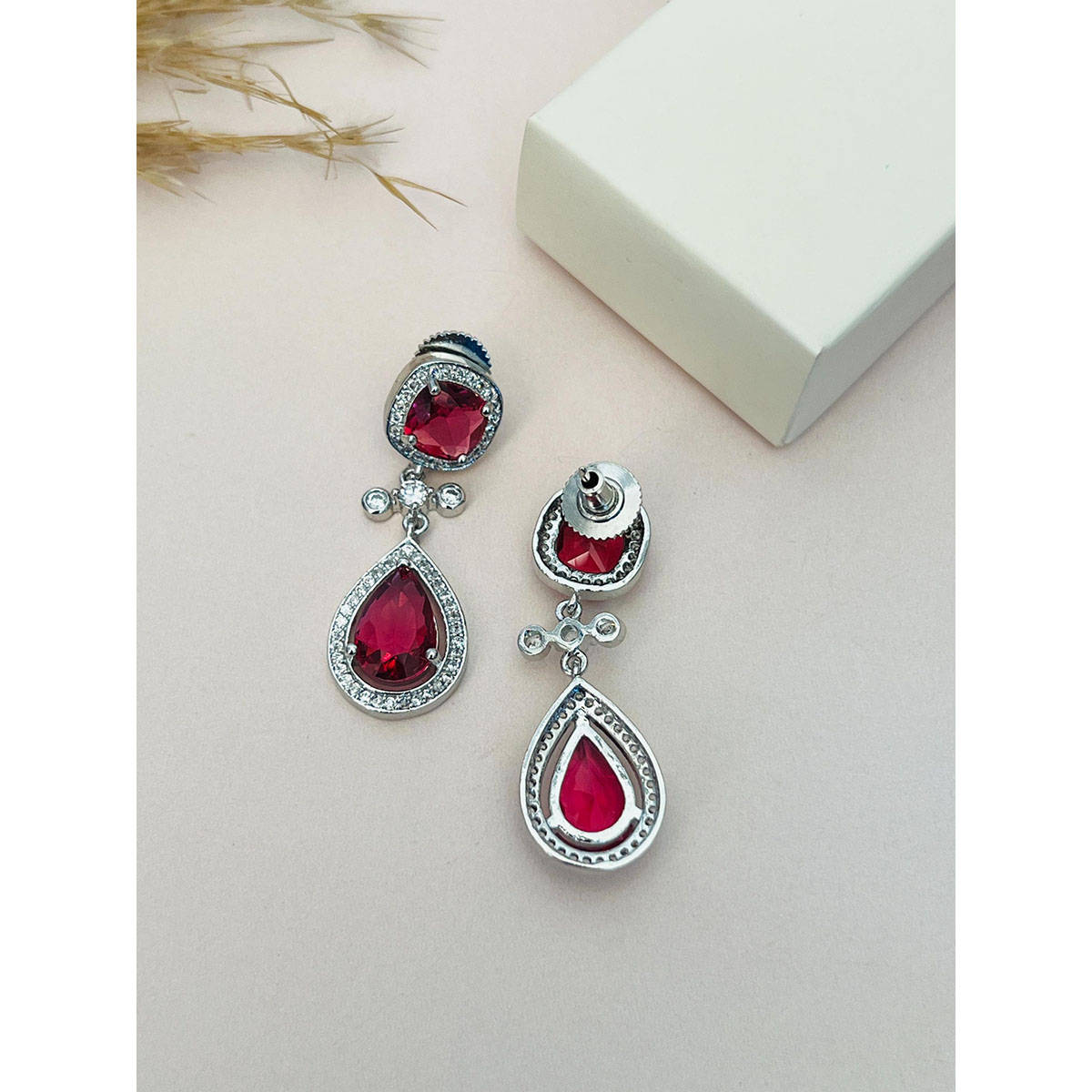 Abdesigns Red Silver Plated American Diamond Jewellery Set