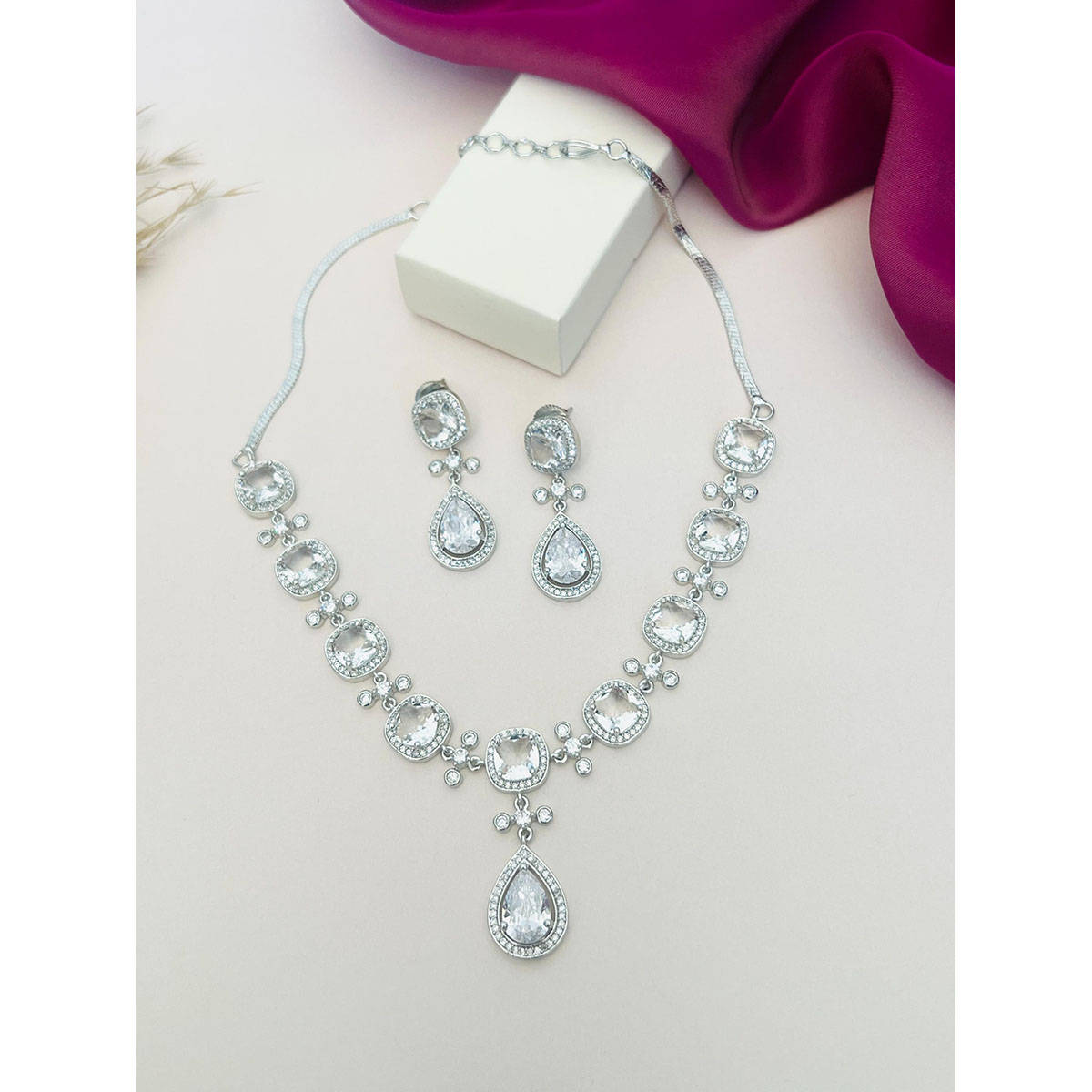 Abdesigns White Silver Plated American Diamond Jewellery Set