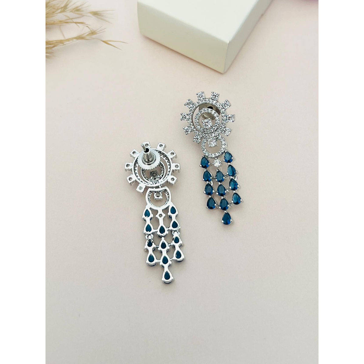 Abdesigns Blue Silver Plated American Diamond Jewellery Set