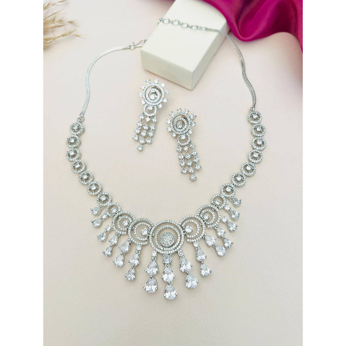 Abdesigns White Silver Plated American Diamond Jewellery Set