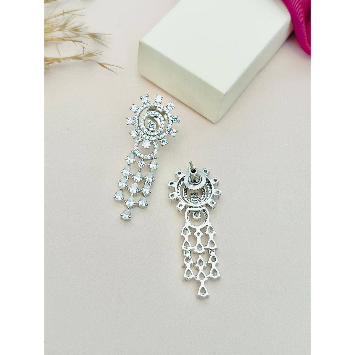 Abdesigns White Silver Plated American Diamond Jewellery Set