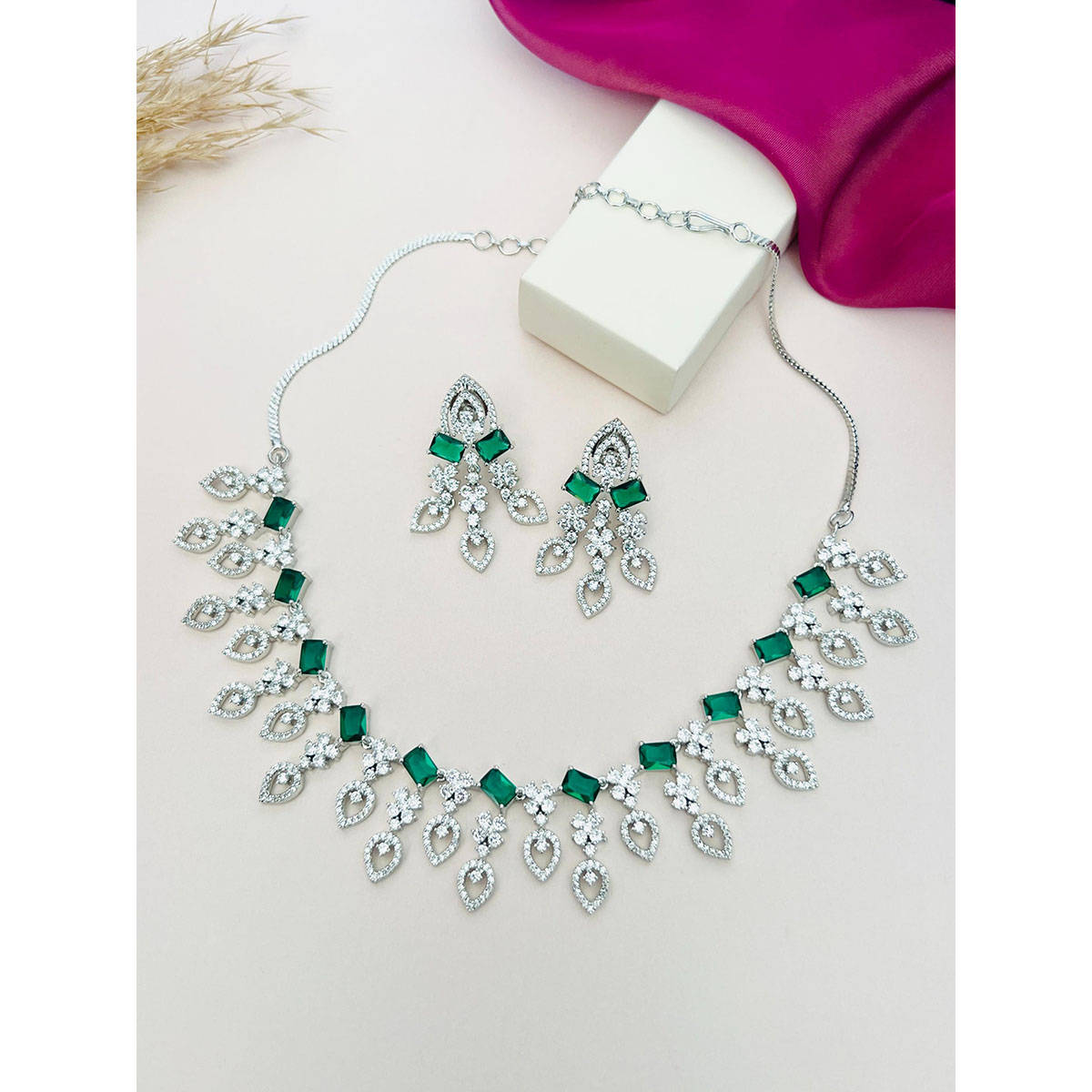 Abdesigns Green Silver Plated American Diamond Jewellery Set