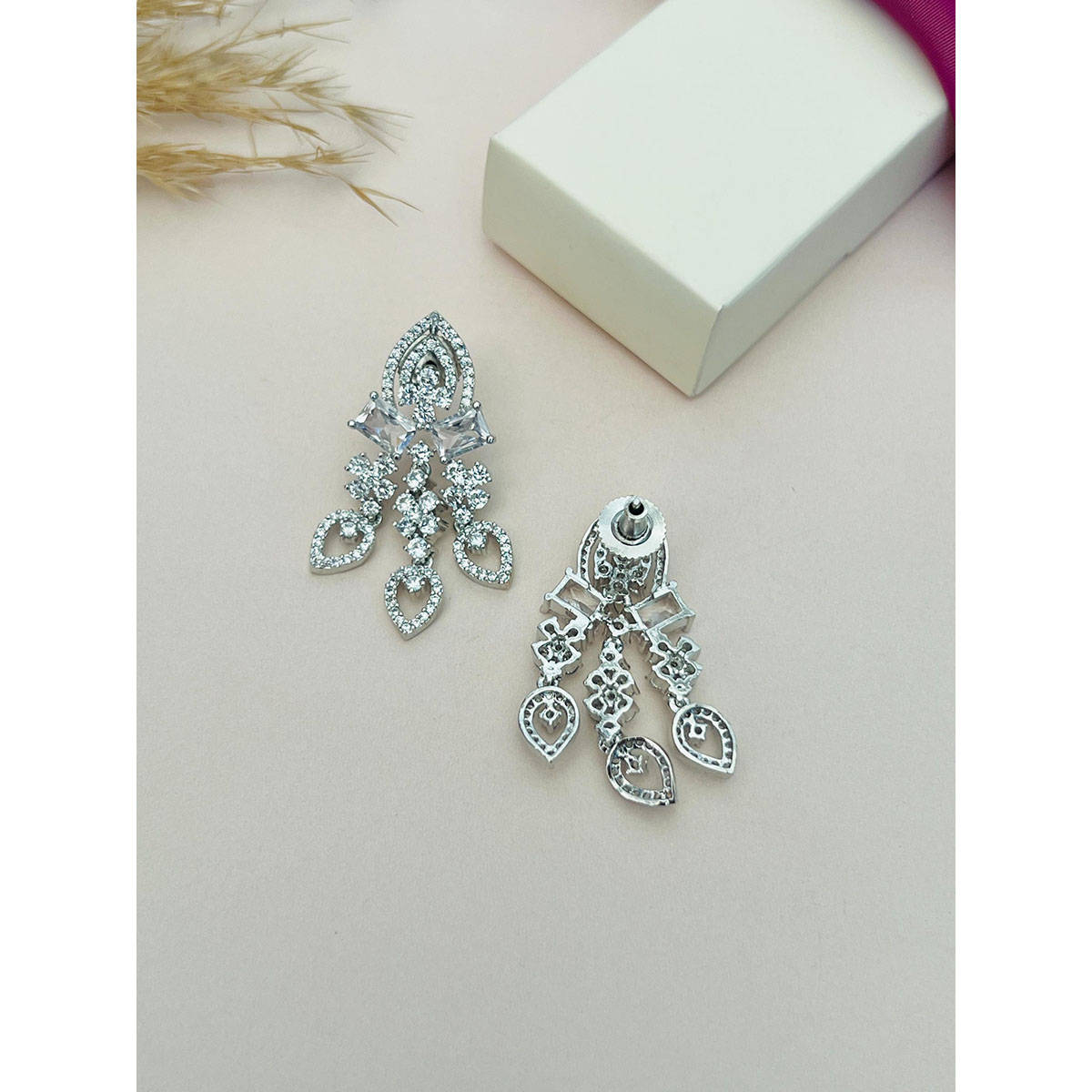 Abdesigns White Silver Plated American Diamond Jewellery Set