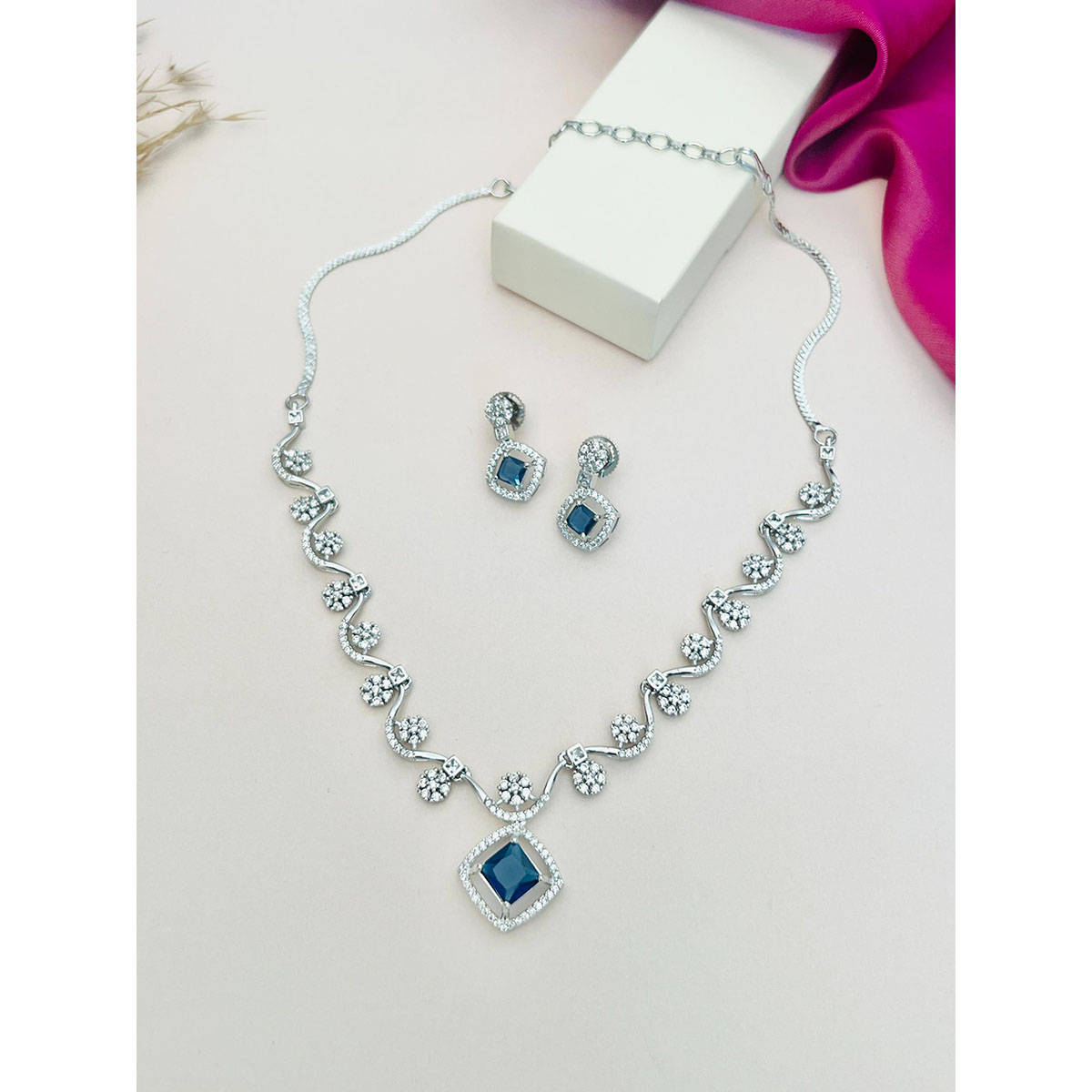 Abdesigns Blue Silver Plated American Diamond Jewellery Set