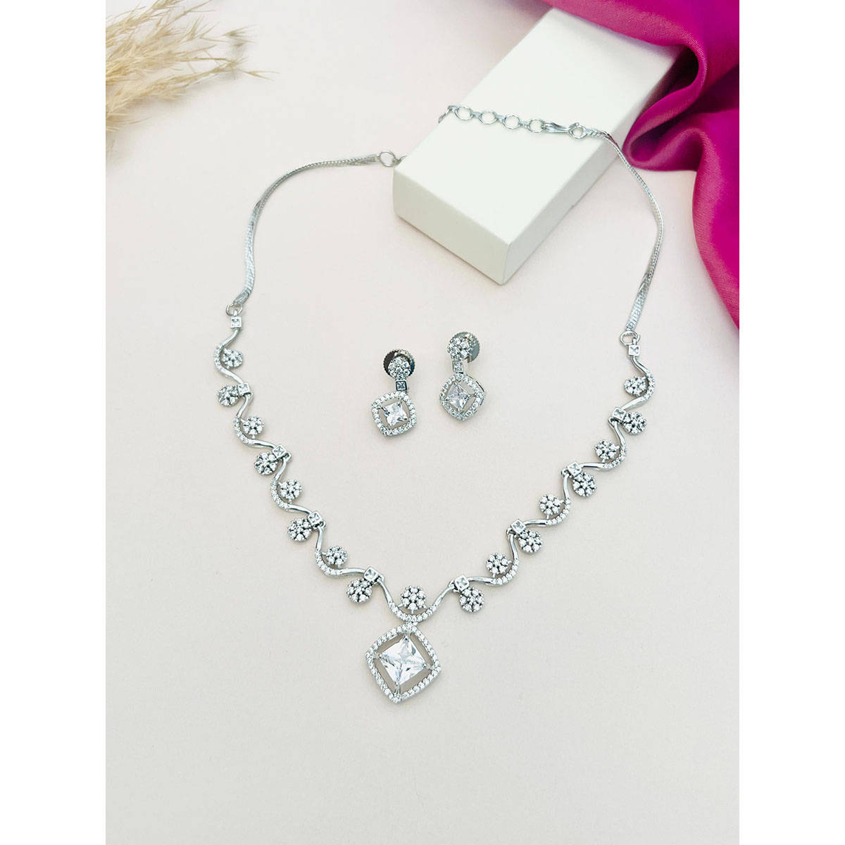 Abdesigns White Silver Plated American Diamond Jewellery Set
