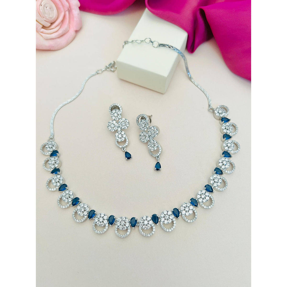 Abdesigns Blue Silver Plated American Diamond Jewellery Set