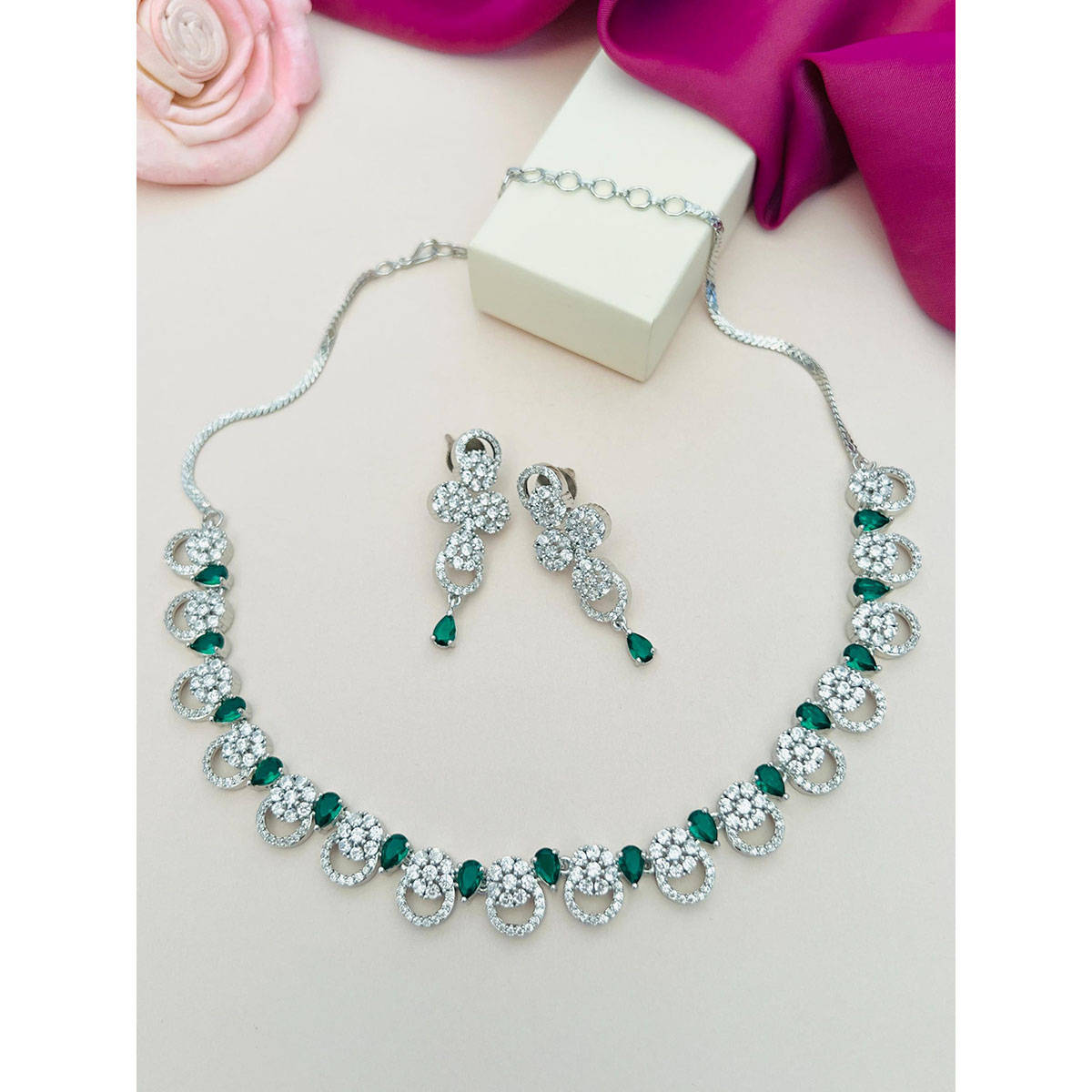 Abdesigns Green Silver Plated American Diamond Jewellery Set