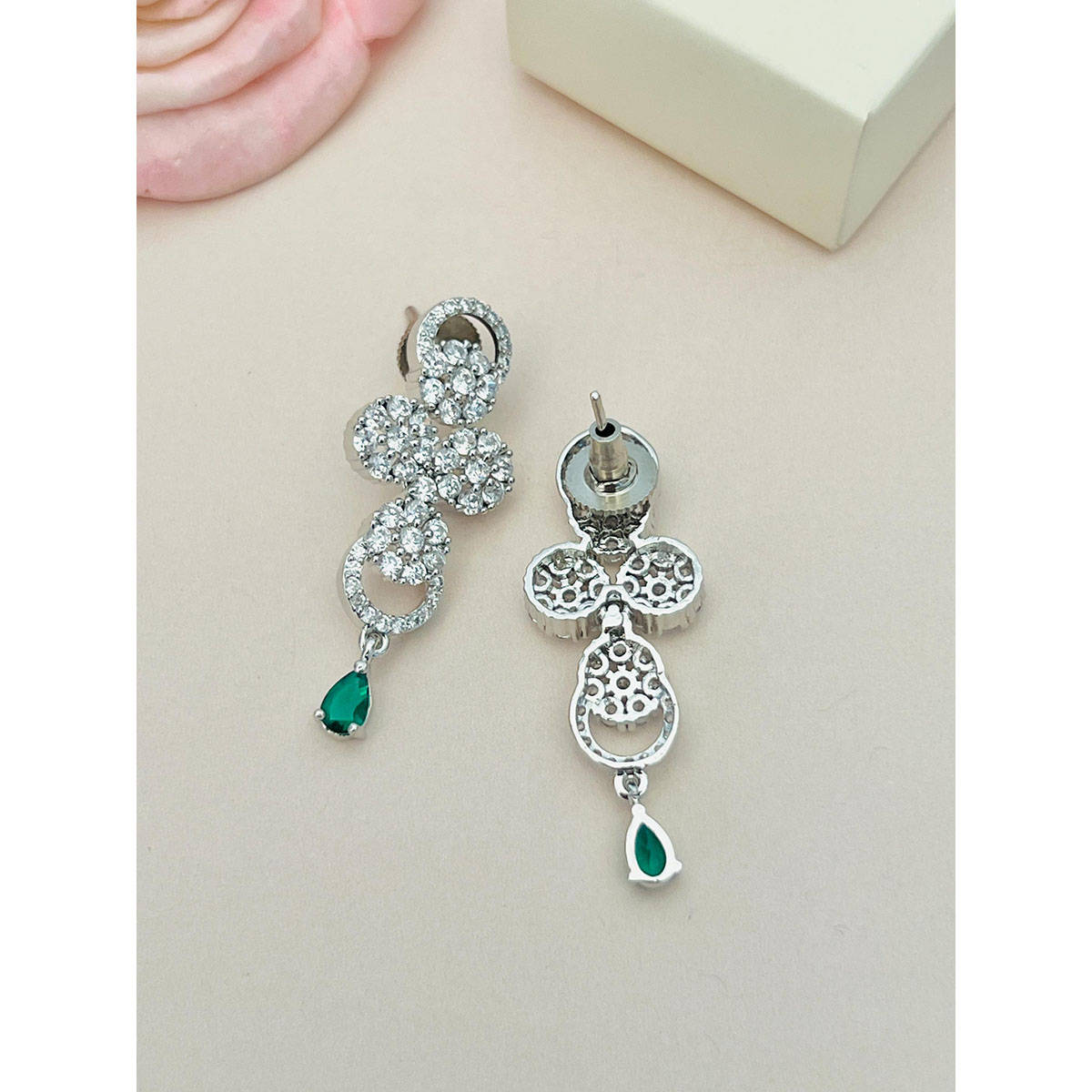 Abdesigns Green Silver Plated American Diamond Jewellery Set