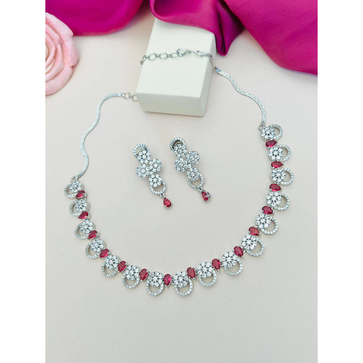 Abdesigns Red Silver Plated American Diamond Jewellery Set