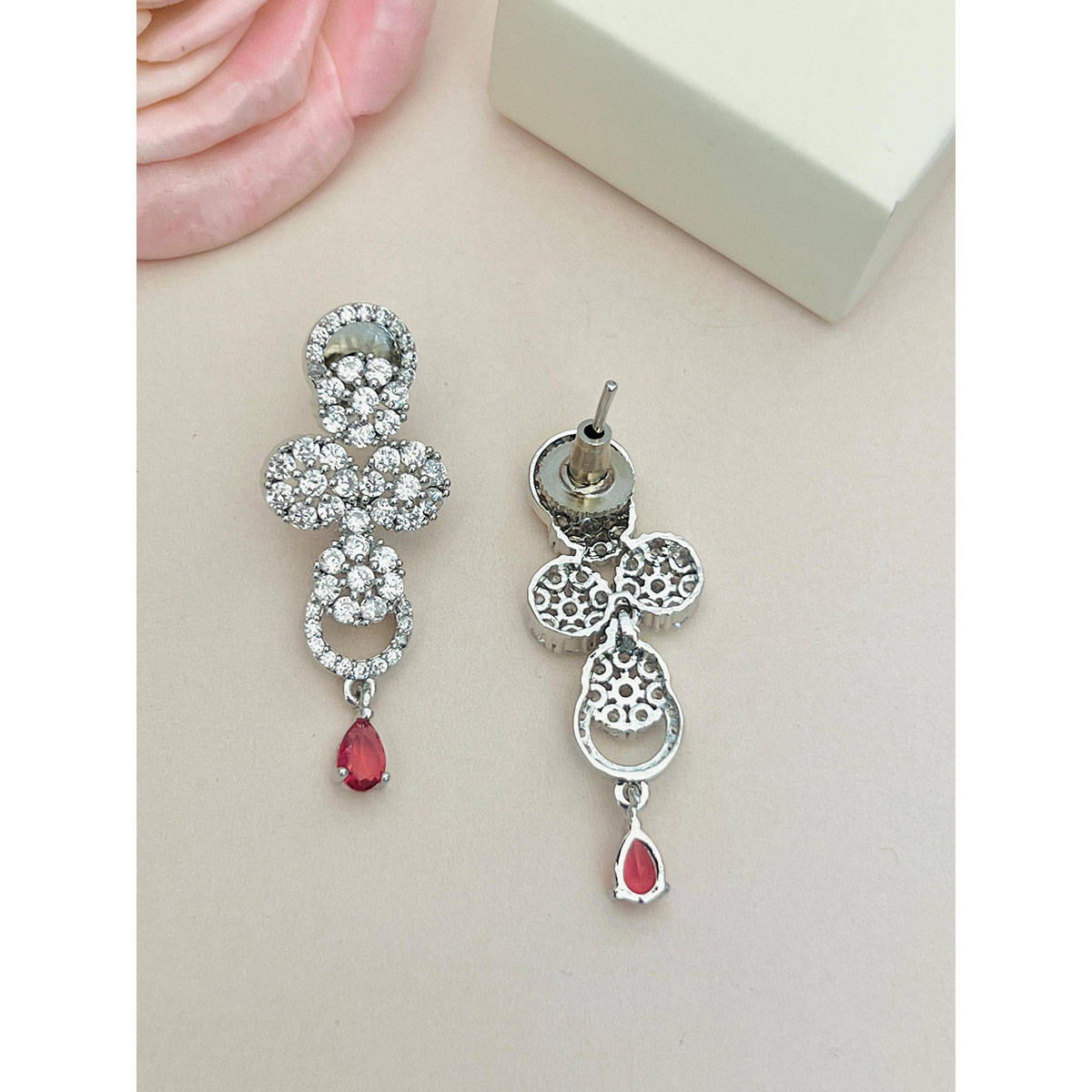 Abdesigns Red Silver Plated American Diamond Jewellery Set