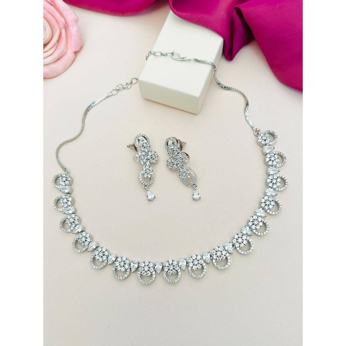 Abdesigns White Silver Plated American Diamond Jewellery Set