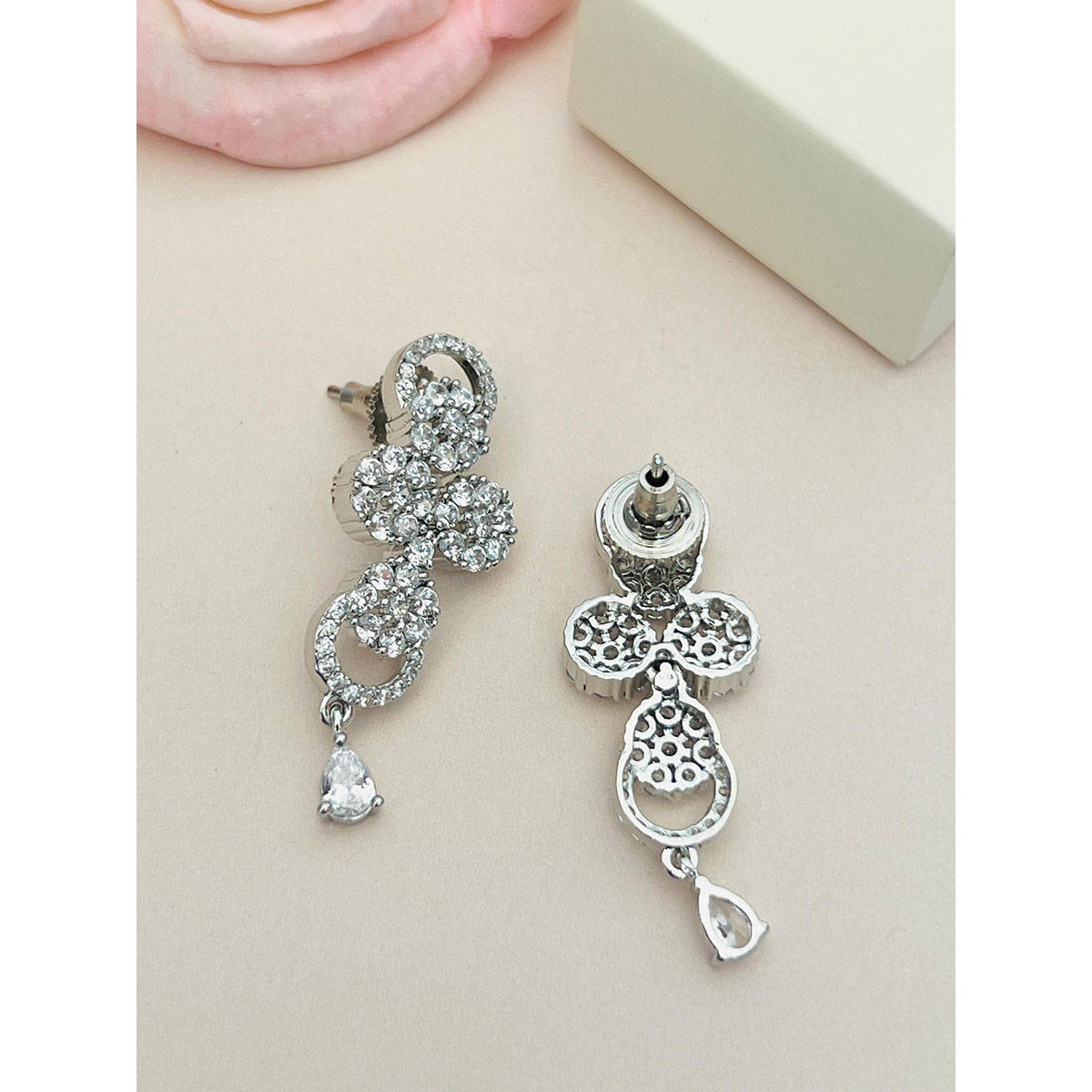 Abdesigns White Silver Plated American Diamond Jewellery Set
