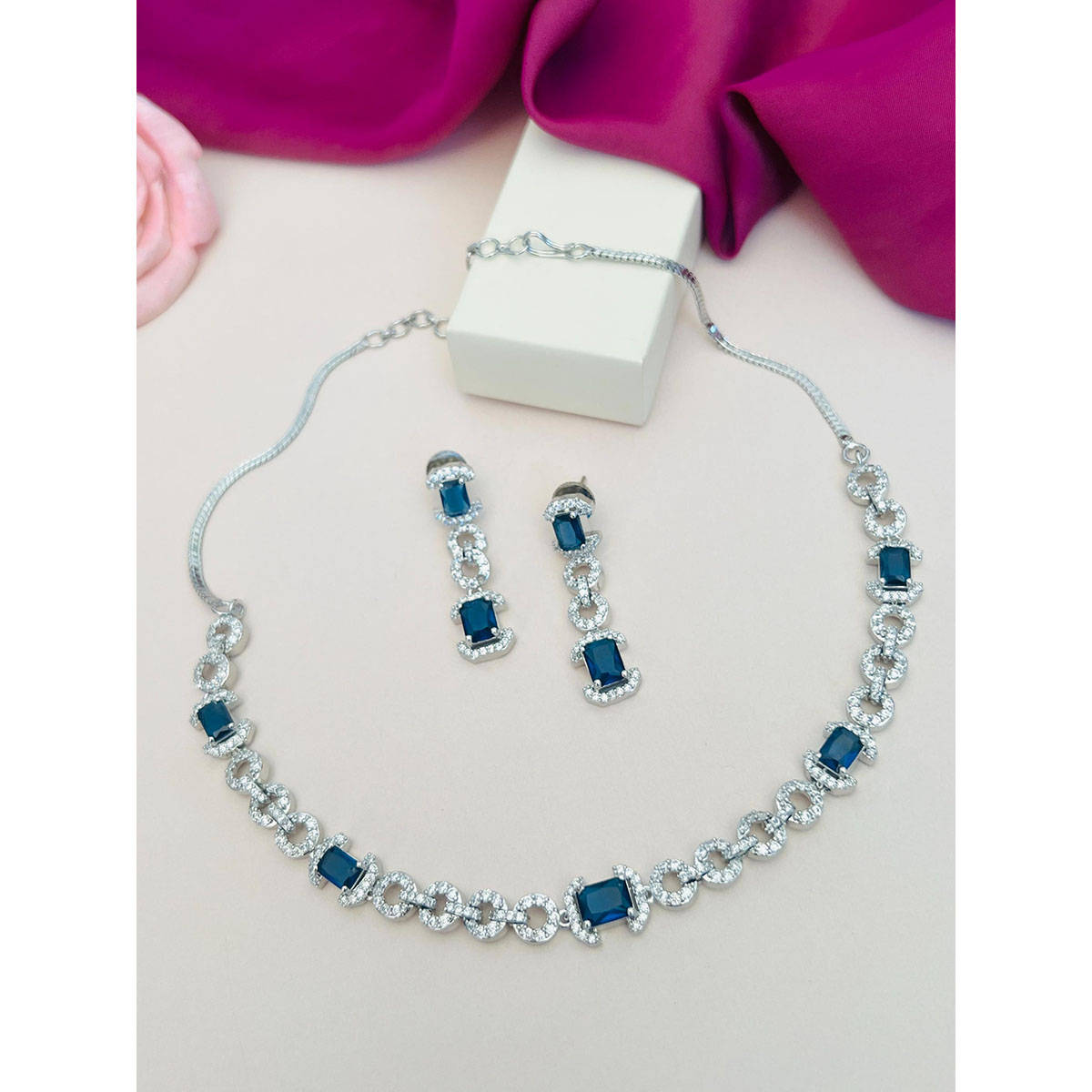 Abdesigns Blue Silver Plated American Diamond Jewellery Set