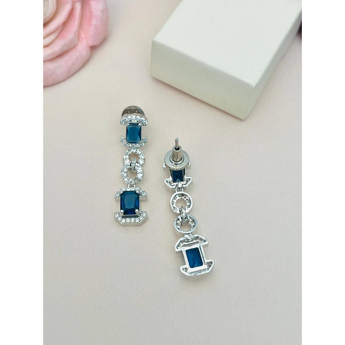 Abdesigns Blue Silver Plated American Diamond Jewellery Set