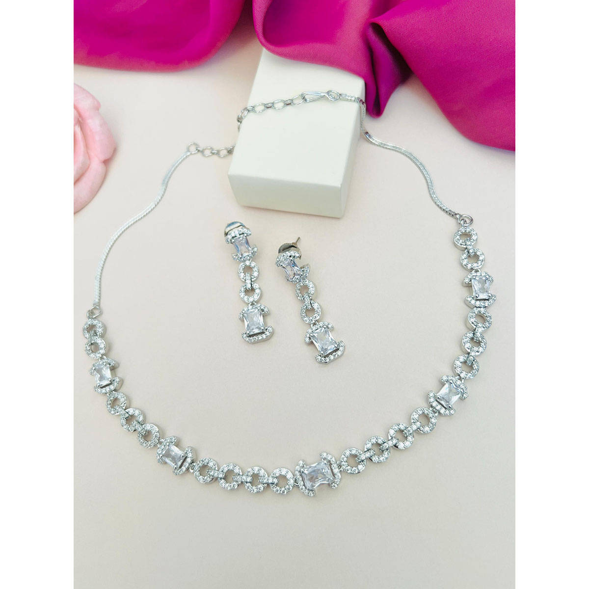 Abdesigns White Silver Plated American Diamond Jewellery Set