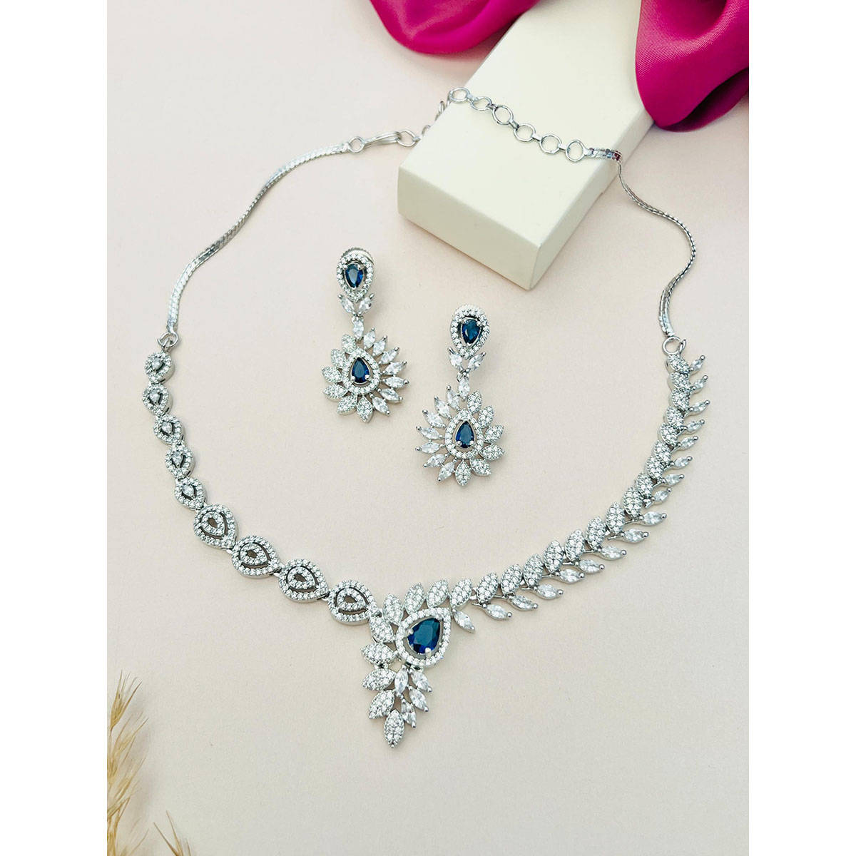 Abdesigns Blue Silver Plated American Diamond Jewellery Set