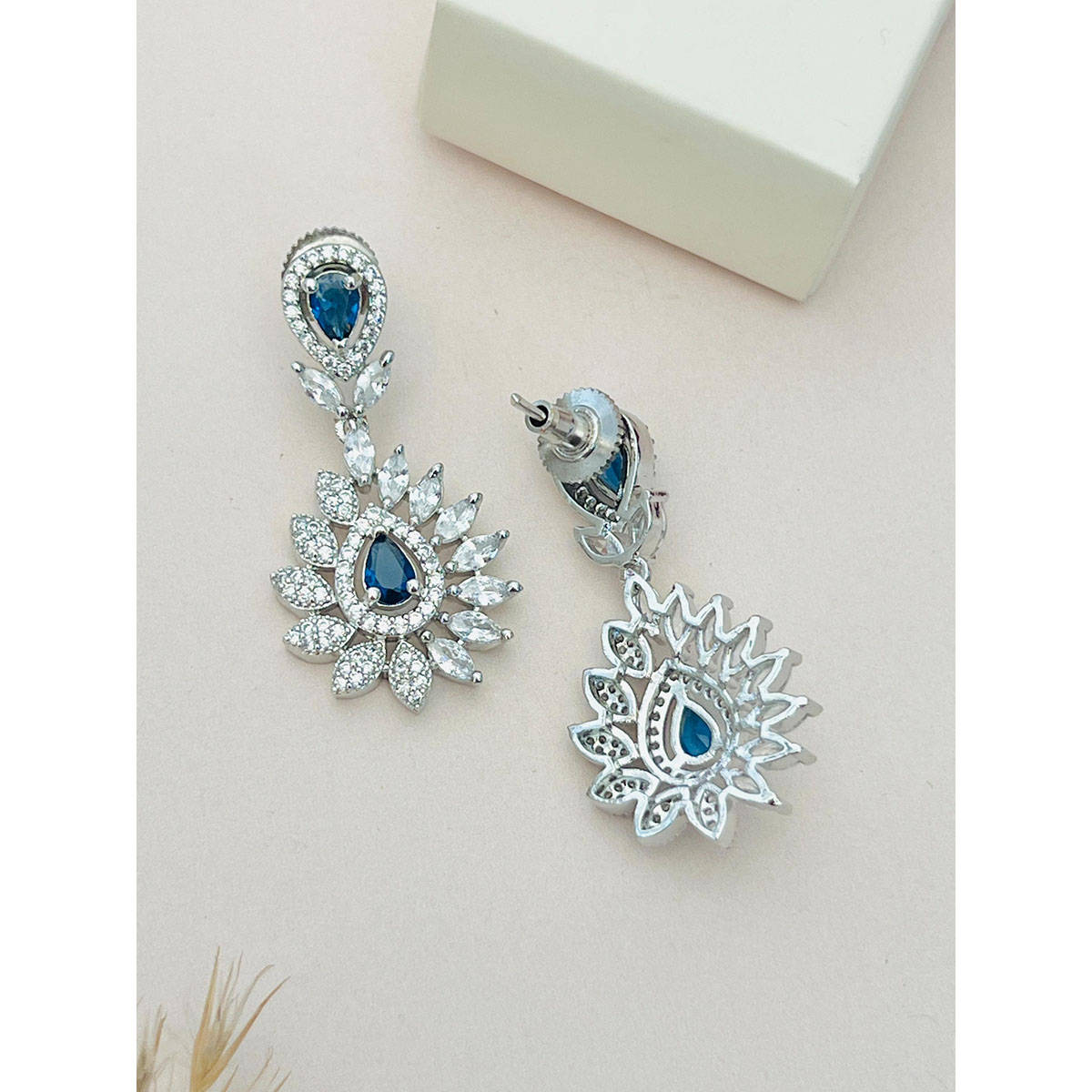 Abdesigns Blue Silver Plated American Diamond Jewellery Set