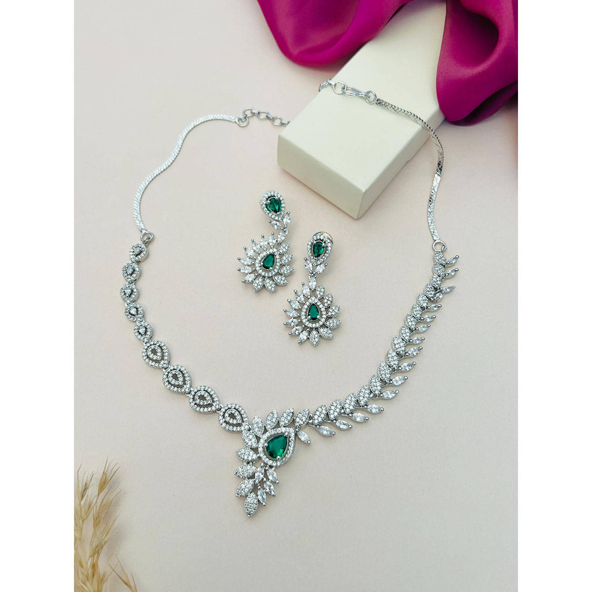 Abdesigns Green Silver Plated American Diamond Jewellery Set