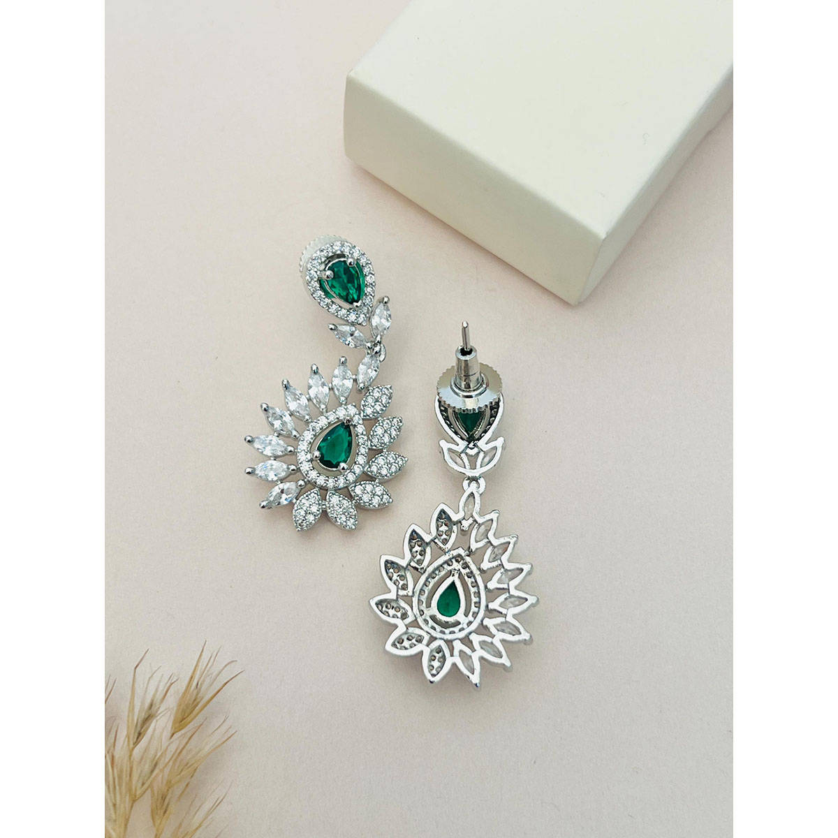 Abdesigns Green Silver Plated American Diamond Jewellery Set