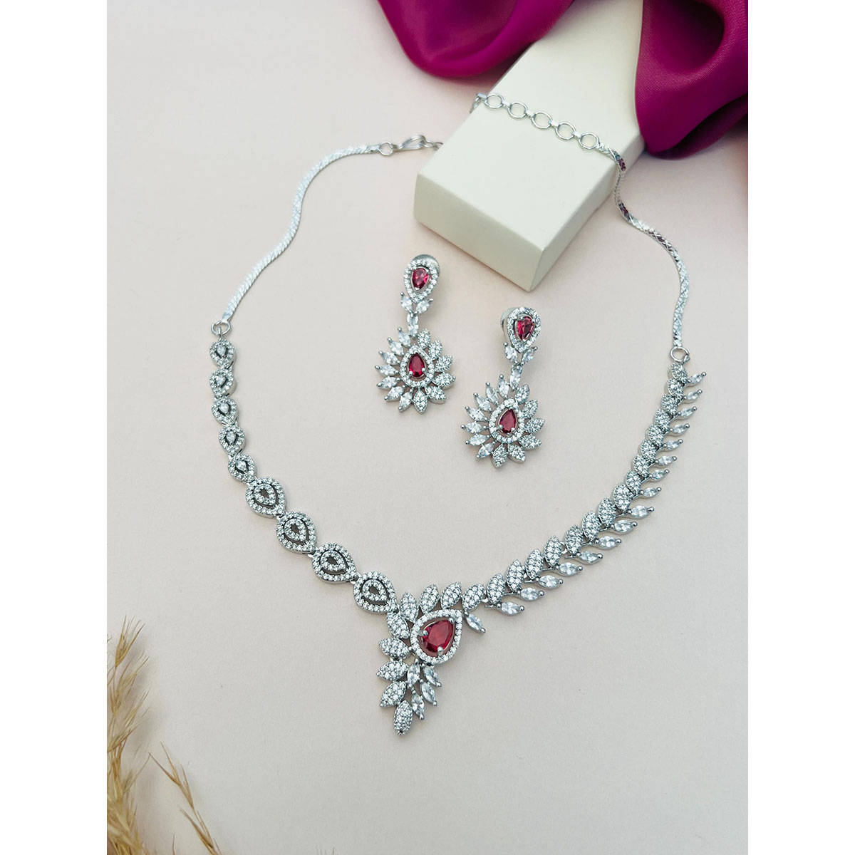 Abdesigns Red Silver Plated American Diamond Jewellery Set