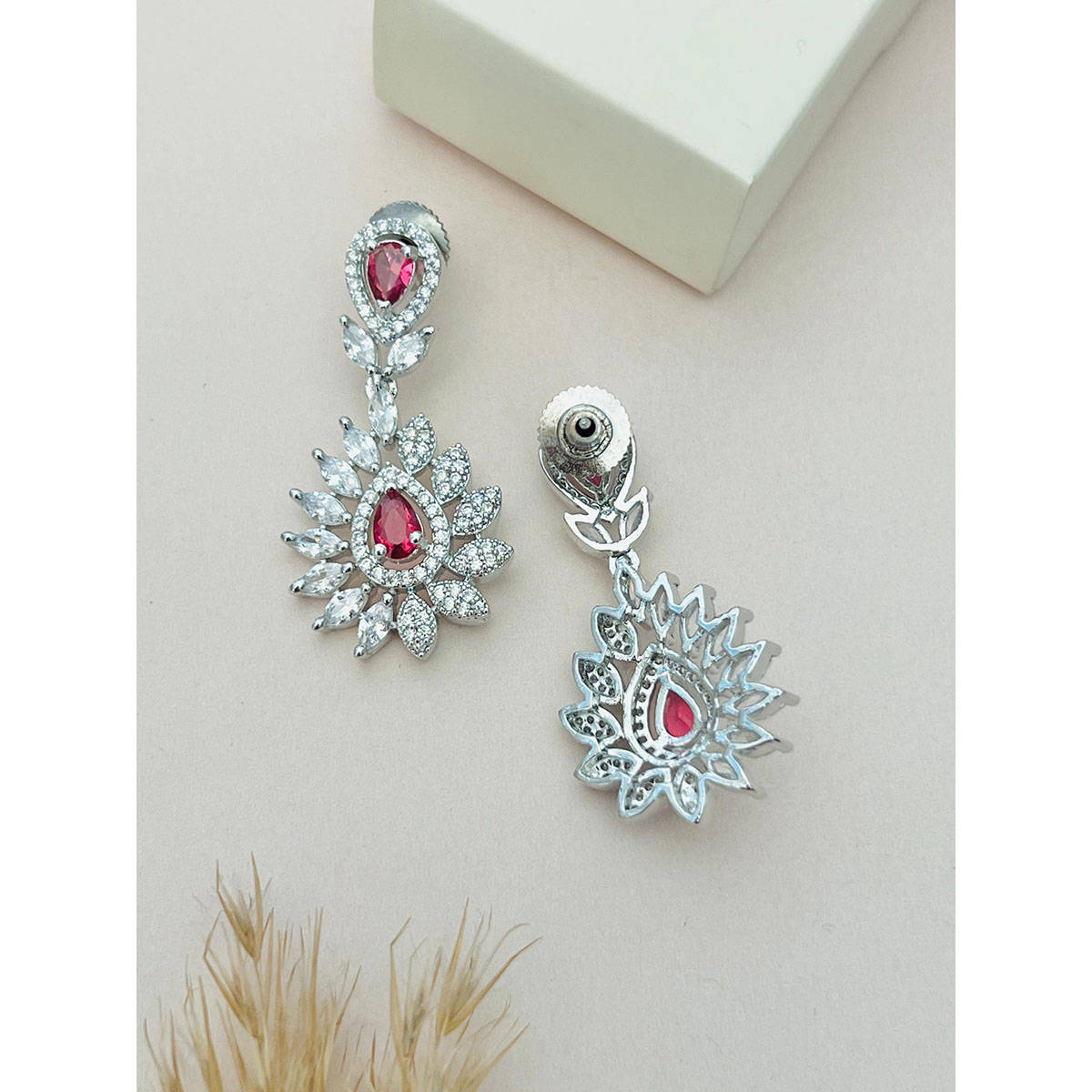 Abdesigns Red Silver Plated American Diamond Jewellery Set