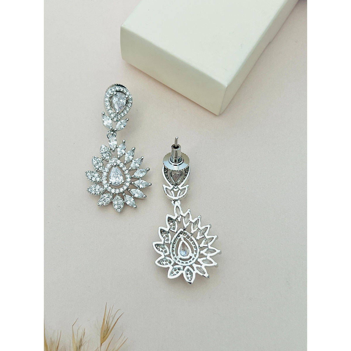 Abdesigns White Silver Plated American Diamond Jewellery Set