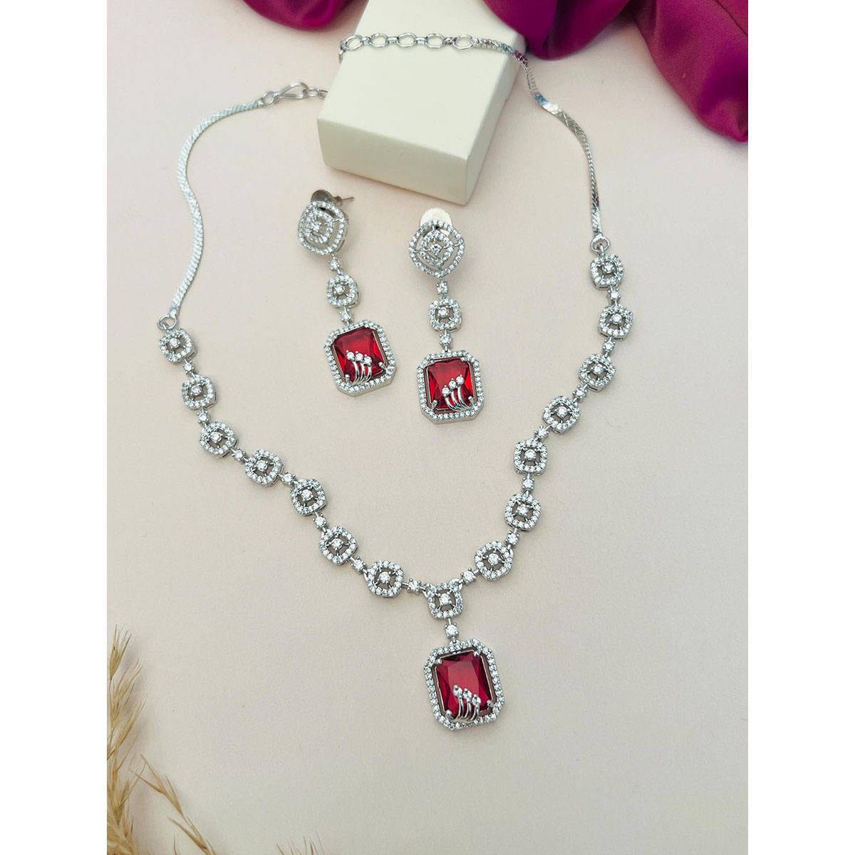 Abdesigns Red Silver Plated American Diamond Jewellery Set