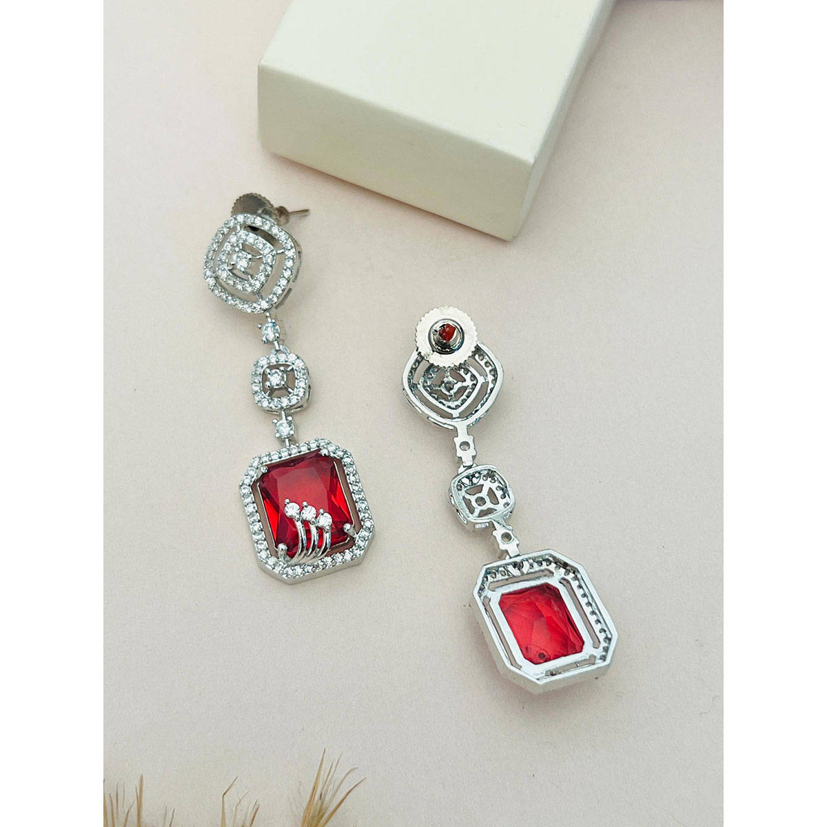 Abdesigns Red Silver Plated American Diamond Jewellery Set