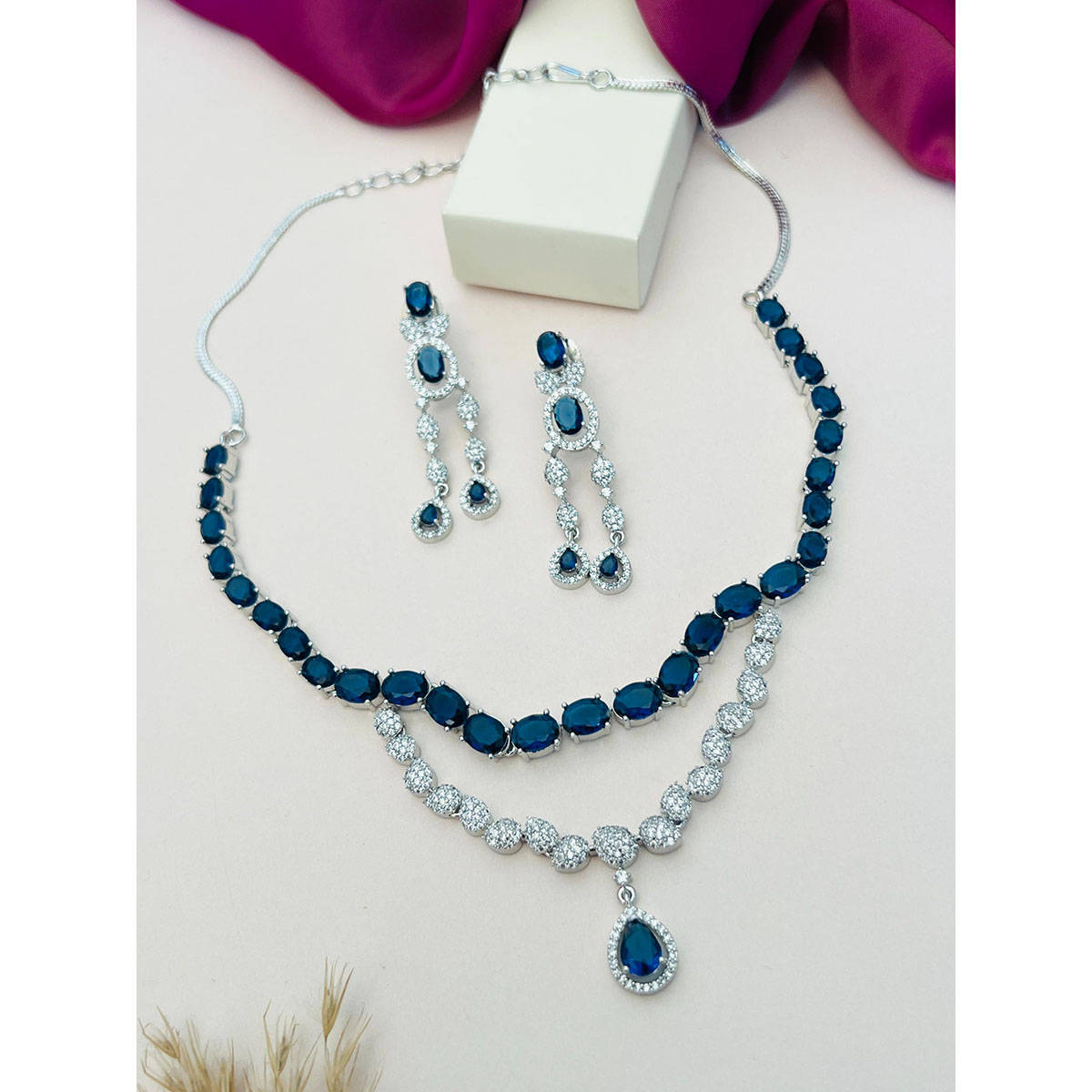 Abdesigns Blue Silver Plated American Diamond Jewellery Set