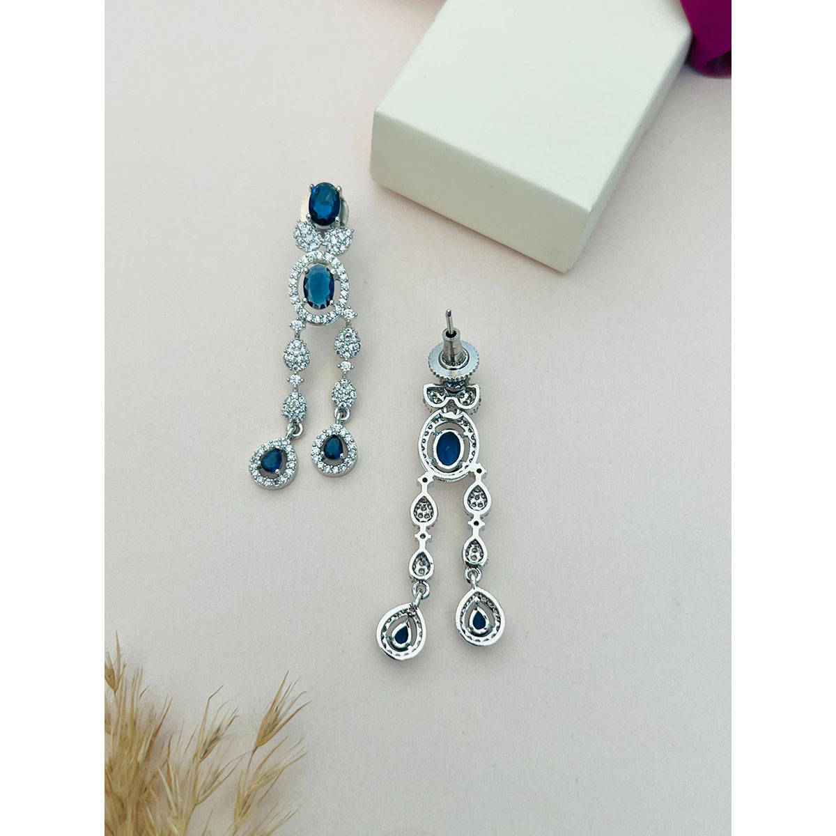 Abdesigns Blue Silver Plated American Diamond Jewellery Set