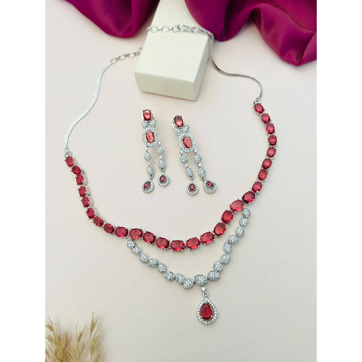 Abdesigns Red Silver Plated American Diamond Jewellery Set