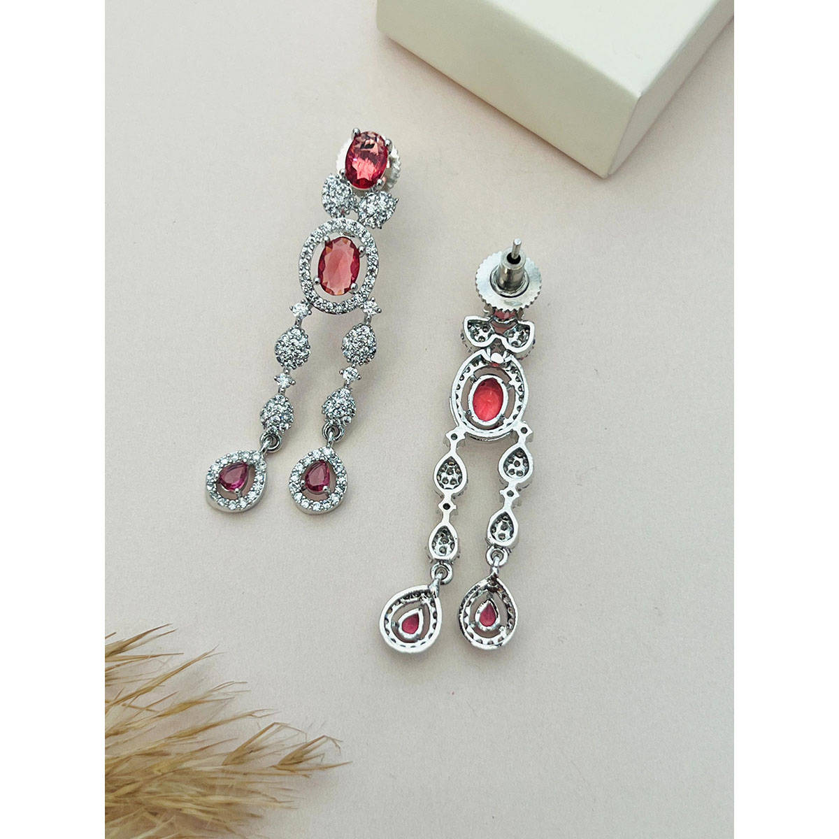 Abdesigns Red Silver Plated American Diamond Jewellery Set